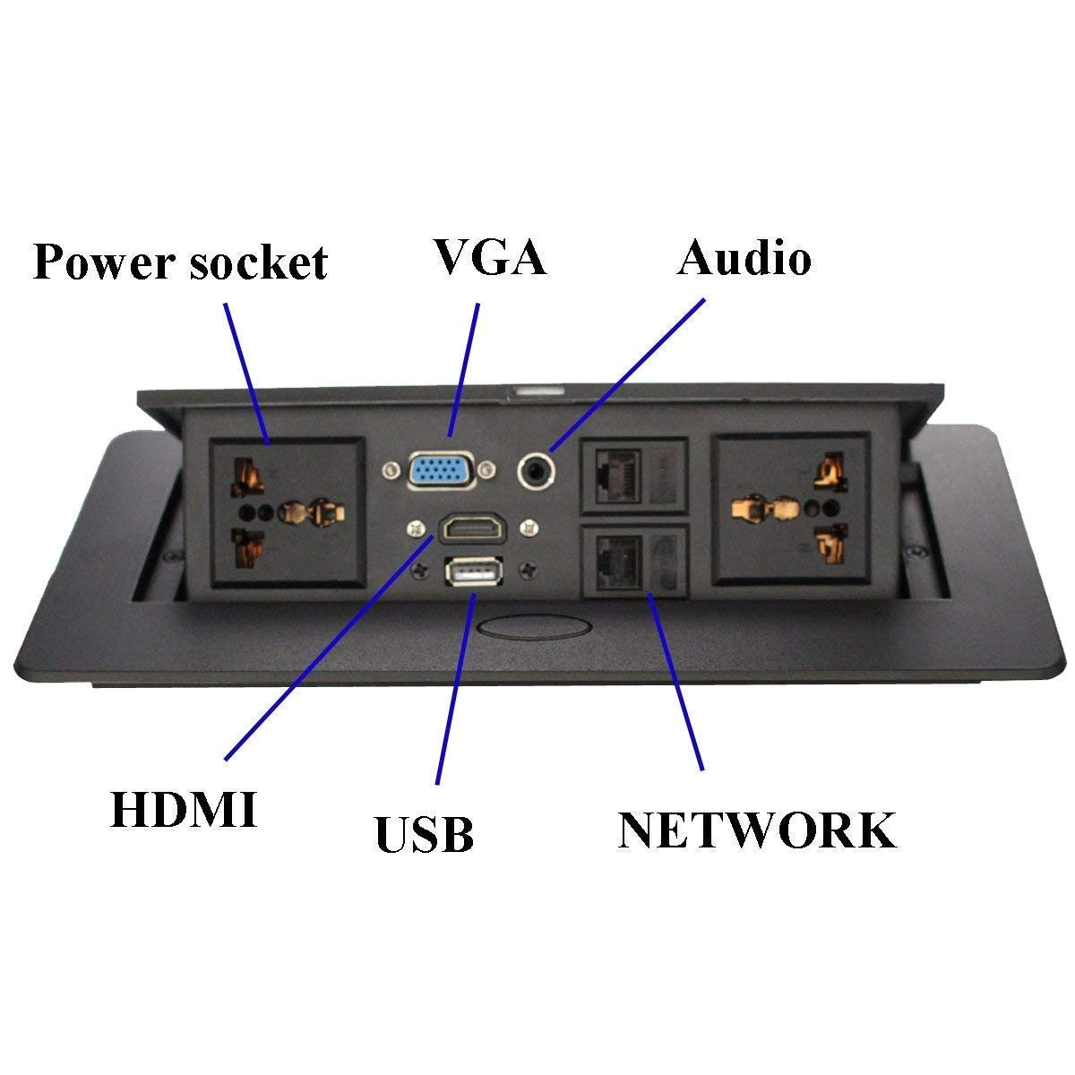 Multifunction Conference Table Connectivity and Data Box Pop Up Box/Cable Cubby with HDMI, VGA, Audio, LAN and Power Ports (Black)