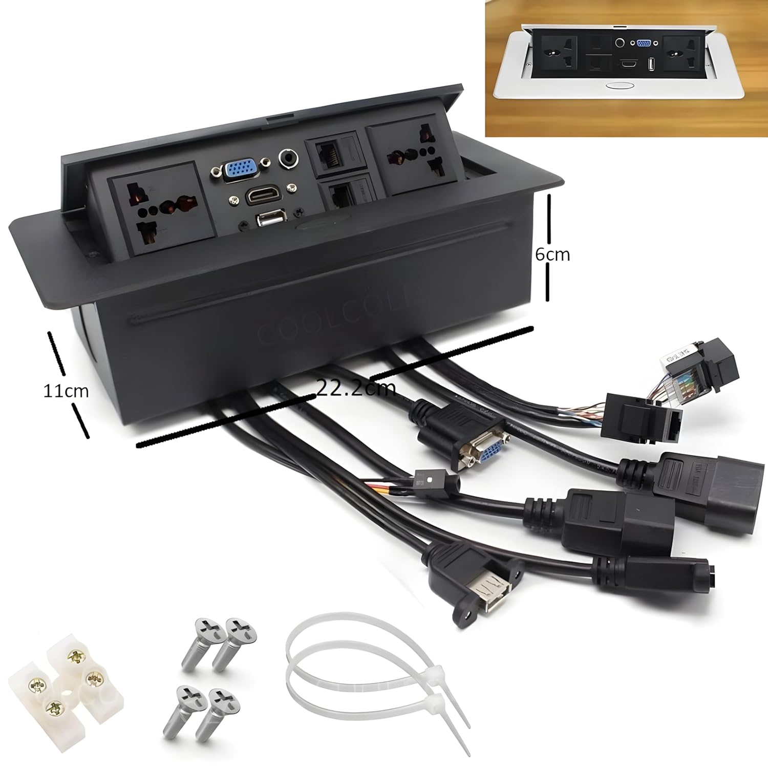 Multifunction Conference Table Connectivity and Data Box Pop Up Box/Cable Cubby with HDMI, VGA, Audio, LAN and Power Ports (Black)