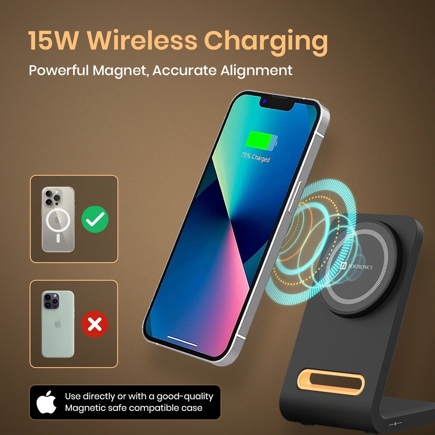 Portronics Flux 15W Qi2 Enabled Wireless Charger, iPhone 15/15 Plus/15 Pro/15 Pro Max (Black)