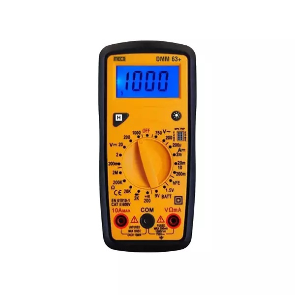 Meco DMM63+  3½ Digit / 2000 Count Digital Multimter with Backlight, Audible Continuity, Diode Test, hFE Test, Data Hold & Battery Test functions