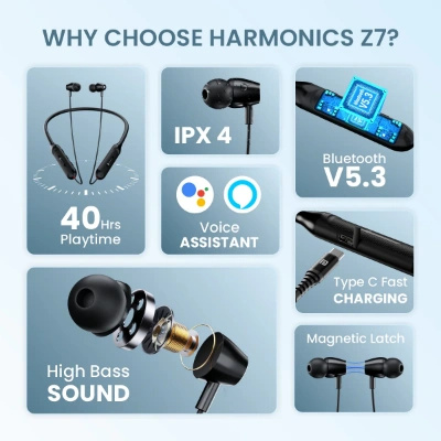 Portronics Harmonics Z7 Bluetooth Wireless in Ear Earphones with Upto 40 Hours Playback, Type C Fast Charging (Black)