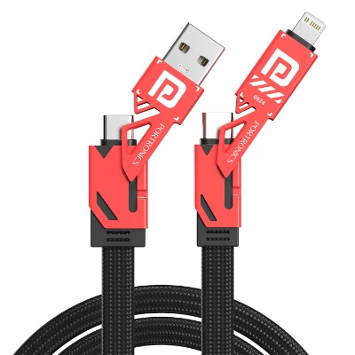 Portronics Procharge 4 60W 4-In-1 Multifunctional Fast Charging Cable With Multiple Port & Metal Zinc Alloy Head, Tangle Free Flat Cable, Type C to Type C/Lightening, USB A, Fast Data Sync (Red+Black)