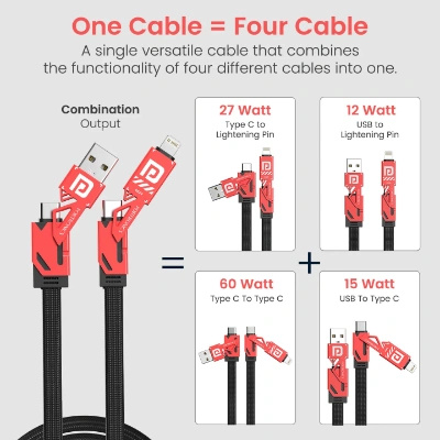 Portronics Procharge 4 60W 4-In-1 Multifunctional Fast Charging Cable With Multiple Port & Metal Zinc Alloy Head, Tangle Free Flat Cable, Type C to Type C/Lightening, USB A, Fast Data Sync (Red+Black)