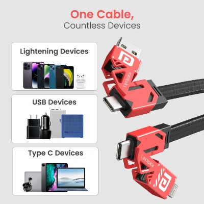 Portronics Procharge 4 60W 4-In-1 Multifunctional Fast Charging Cable With Multiple Port & Metal Zinc Alloy Head, Tangle Free Flat Cable, Type C to Type C/Lightening, USB A, Fast Data Sync (Red+Black)