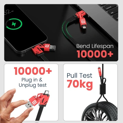 Portronics Procharge 4 60W 4-In-1 Multifunctional Fast Charging Cable With Multiple Port & Metal Zinc Alloy Head, Tangle Free Flat Cable, Type C to Type C/Lightening, USB A, Fast Data Sync (Red+Black)