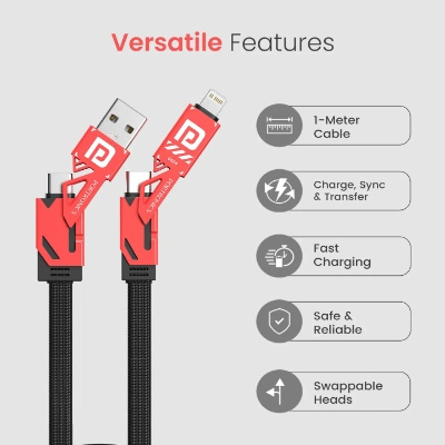 Portronics Procharge 4 60W 4-In-1 Multifunctional Fast Charging Cable With Multiple Port & Metal Zinc Alloy Head, Tangle Free Flat Cable, Type C to Type C/Lightening, USB A, Fast Data Sync (Red+Black)