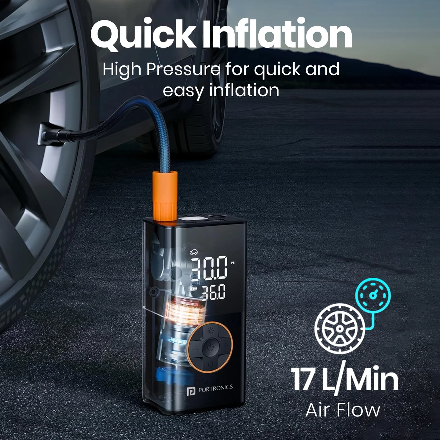 Portronics Vayu 3.0 Tyre Inflator, 150 PSI, 4000mAh battery