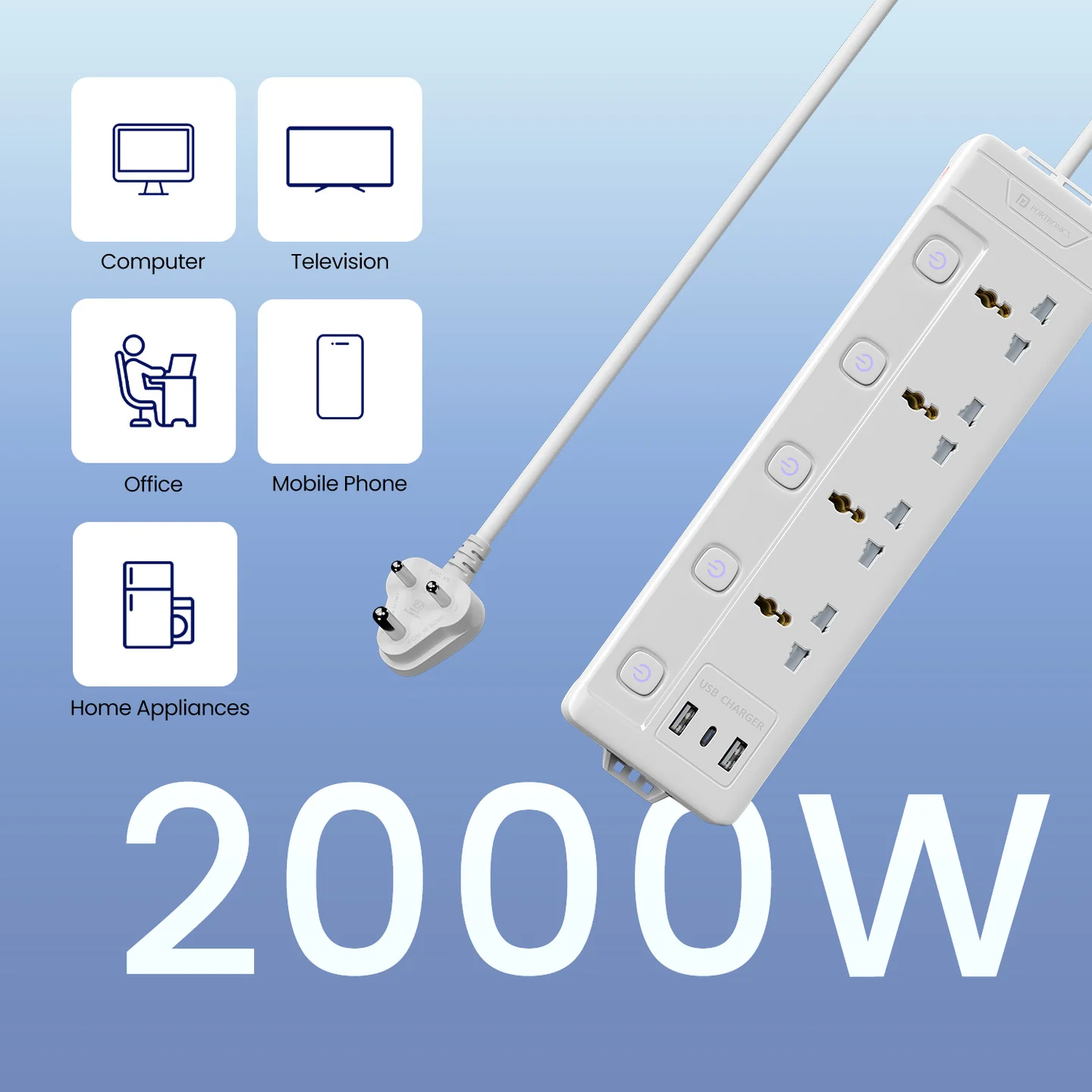 Portronics Power Plate 19 Extension Board with 4 Universal Power Sockets ( WHITE)