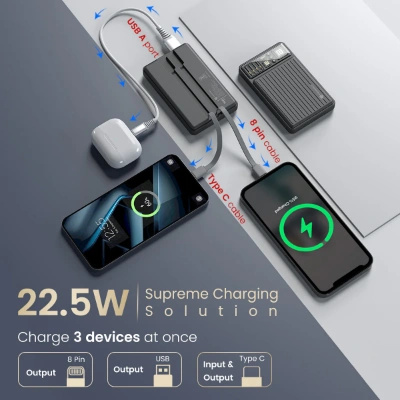 Portronics Luxcell Bind Mini 10k 10000mAh Nano Powerbank with 22.5W Fast Charging, in-Built Type C PD(Input & Output) /8 Pin Cable, LED Indicator, USB-A Mach Output, Compatible with Smartphones