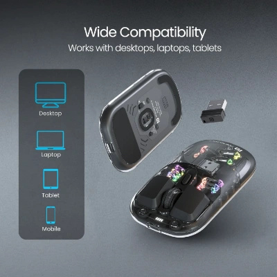 Portronics Toad 5 Transparent Bluetooth Mouse with 2.4 GHz & BT 5.3 Dual Wireless, Rechargeable, RGB Lights, Connect 3 Devices, Sleek Design for Laptop, Smartphone, Tablet (Black)