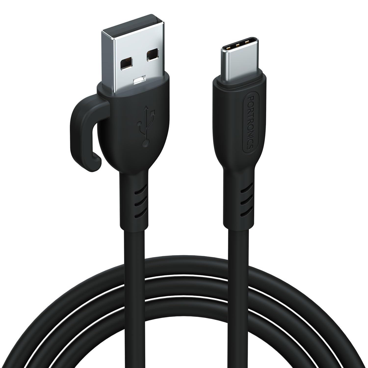 Portronics Konnect Core 3 Type-C - 3.0A Fast Sync USB to Type-C 1M PVC Cable with In-Built Cable Management Hook (Black)