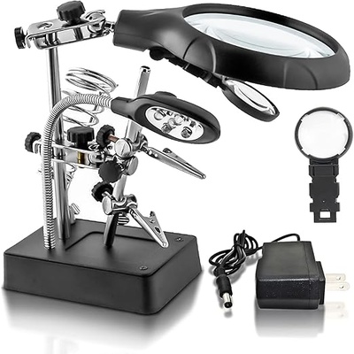 LED Lighted Magnifying Glass Soldering Station | 2.5X 7.5X 10X Hands-Free Magnifier with Clips