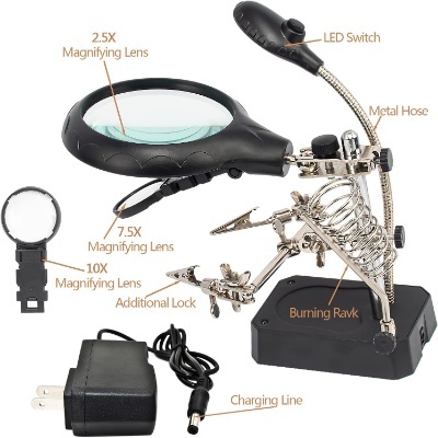 LED Lighted Magnifying Glass Soldering Station | 2.5X 7.5X 10X Hands-Free Magnifier with Clips