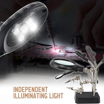 LED Lighted Magnifying Glass Soldering Station | 2.5X 7.5X 10X Hands-Free Magnifier with Clips