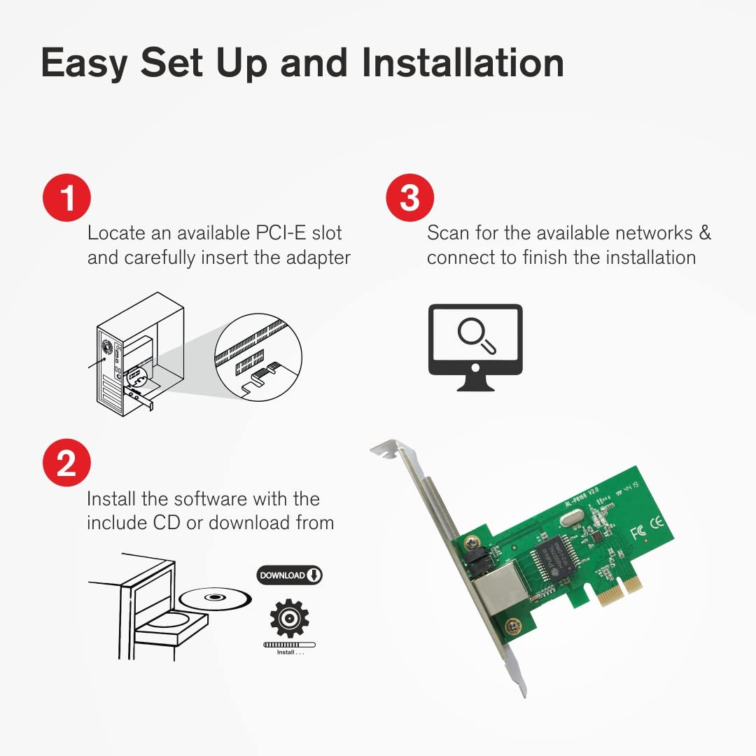 PCI Express LAN Card Network Adapter | 10/100/1000 Mbps, Wake on LAN, RJ45 Port for Windows