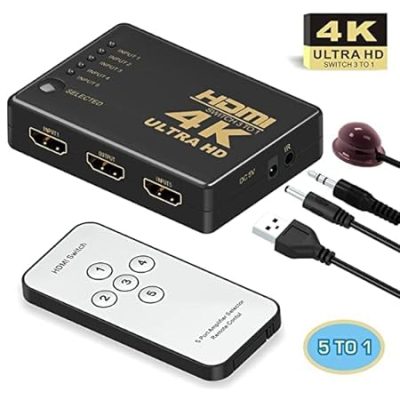 HDMI Switch 5X1 with Remote Control for UHD 2K 4K Support, Full HD 1080P, 3D, Switch Splitter with Remote Control, HD Audio,5 in & 1 Out