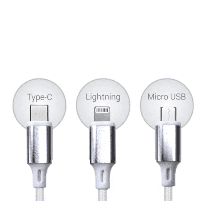 Champion 3 in 1, USB Data Cable 2.4Amp Braided for Micro USB ,Type-C, Lightning Port Devices 1.2M (Silver)