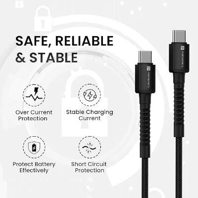 Portronics Konnect X 60W Type C to Type C Unbreakable Nylon Braided Cable, 1M Fast Charging Cable for iPhone 15 series, iPad, Samsung Galaxy & other Type C Devices(Black)