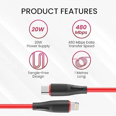 Portronics Silklink 20W Type-C to 8 Pin Fast charging Cable for Lightning Devices,Premium Silicon Cable, 1M (Red)