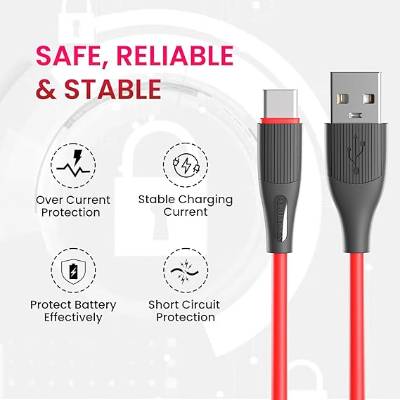 Portronics Silklink 3A USB to Type C Fast charging Cable for Type C Smartphone and Devices,Premium Silicon Cable, 1M (Red)