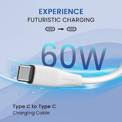 Portronics Silklink 60W PD Type-C to Type C Fast charging Cable for Type C Smartphone and Devices,Premium Silicon Cable, 1M(White)