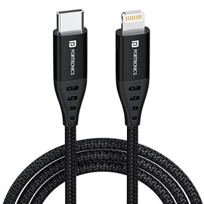 Portronics Konnect L1 20W Type C to 8 Pin Quick Charging Cable with Nylon Braided, Metal Heads, 1 m Length (White) for Smartphone