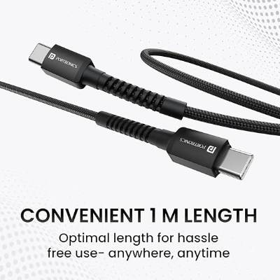 Portronics Konnect X 60W Type C to Type C Unbreakable Nylon Braided Cable, 1M Fast Charging Cable for iPhone 15 series, iPad, Samsung Galaxy & other Type C Devices(Black)