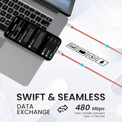 Portronics Konnect Dash Max 65W Type C to Type C Fast Charging PD Cable with 480Mbps Data Sync,1M Length Compatible with iPhone 15 series, Type C Smartphones, iPad, MacBook & Other Type C devices(Red