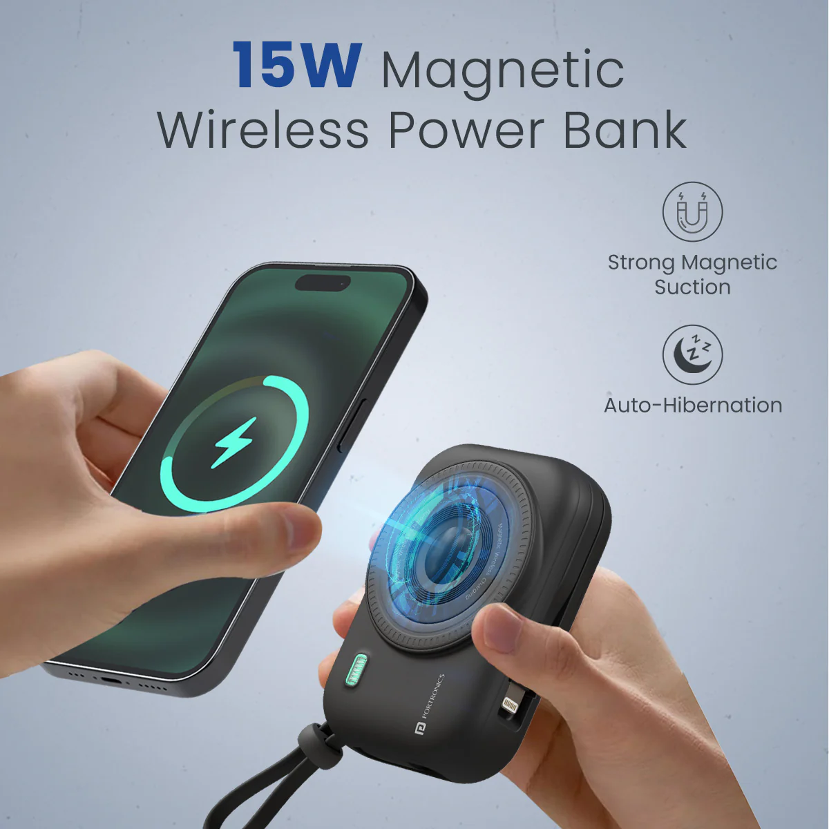 Portronics Power Shutter Wireless Magnetic Power Bank | 15W Wireless Charging, 22.5W Type-C PD Output, In-Built Type-C & 8-Pin Cable, LED Display