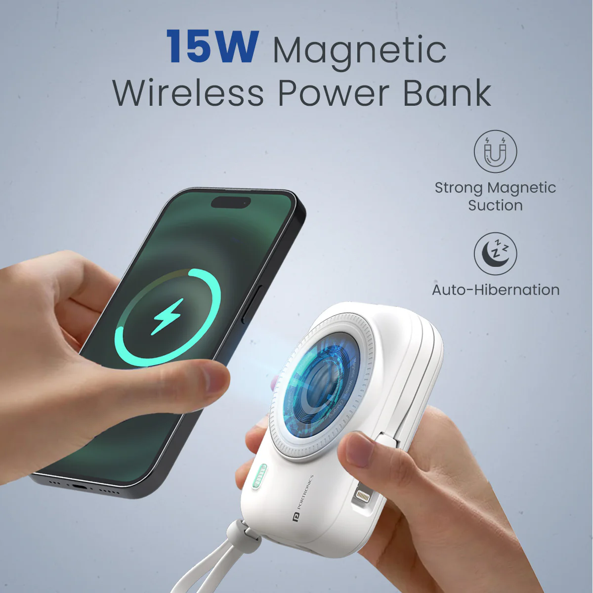 Portronics Power Shutter Wireless Magnetic Power Bank | 15W Wireless Charging, 22.5W Type-C PD Output, In-Built Type-C & 8-Pin Cable, LED Display