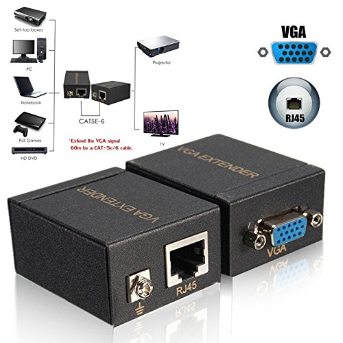 VGA Extender Repeater Adapter Over RJ45 Cat Cat6 Network Cable (1 Transmitter + 1 Receiver) Media Streaming Device (Black)