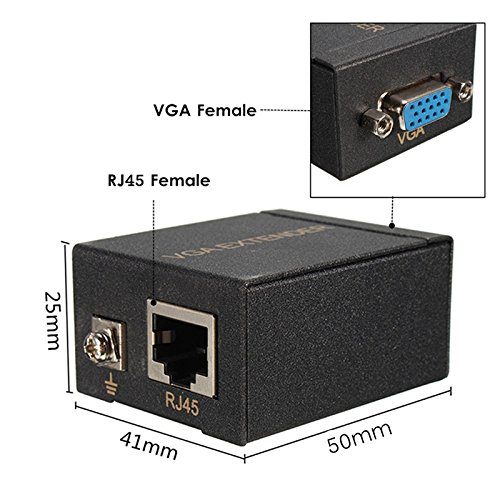 VGA Extender Repeater Adapter Over RJ45 Cat Cat6 Network Cable (1 Transmitter + 1 Receiver) Media Streaming Device (Black)