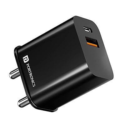 Portronics ADAPTO 20B 20W Dual Port Fast Charging Adapter Type C PD 3.0 & Mach USB-A Compatible with iPhone & Android (Black)