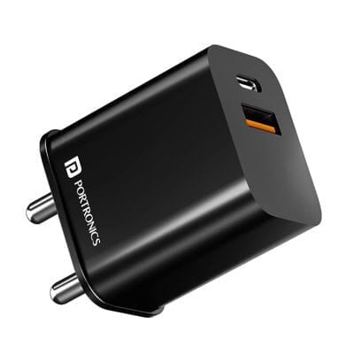 Portronics ADAPTO 20B 20W Dual Port Fast Charging Adapter Type C PD 3.0 & Mach USB-A Compatible with iPhone & Android (Black)