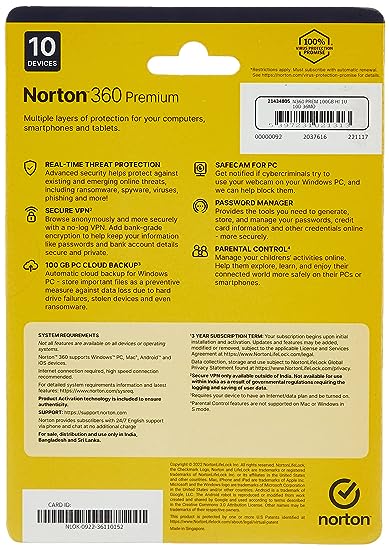 Norton 360 Premium|10 Users 3 Years|Total Security for PC, Mac, Android or iOS, PC Cloud Back Up