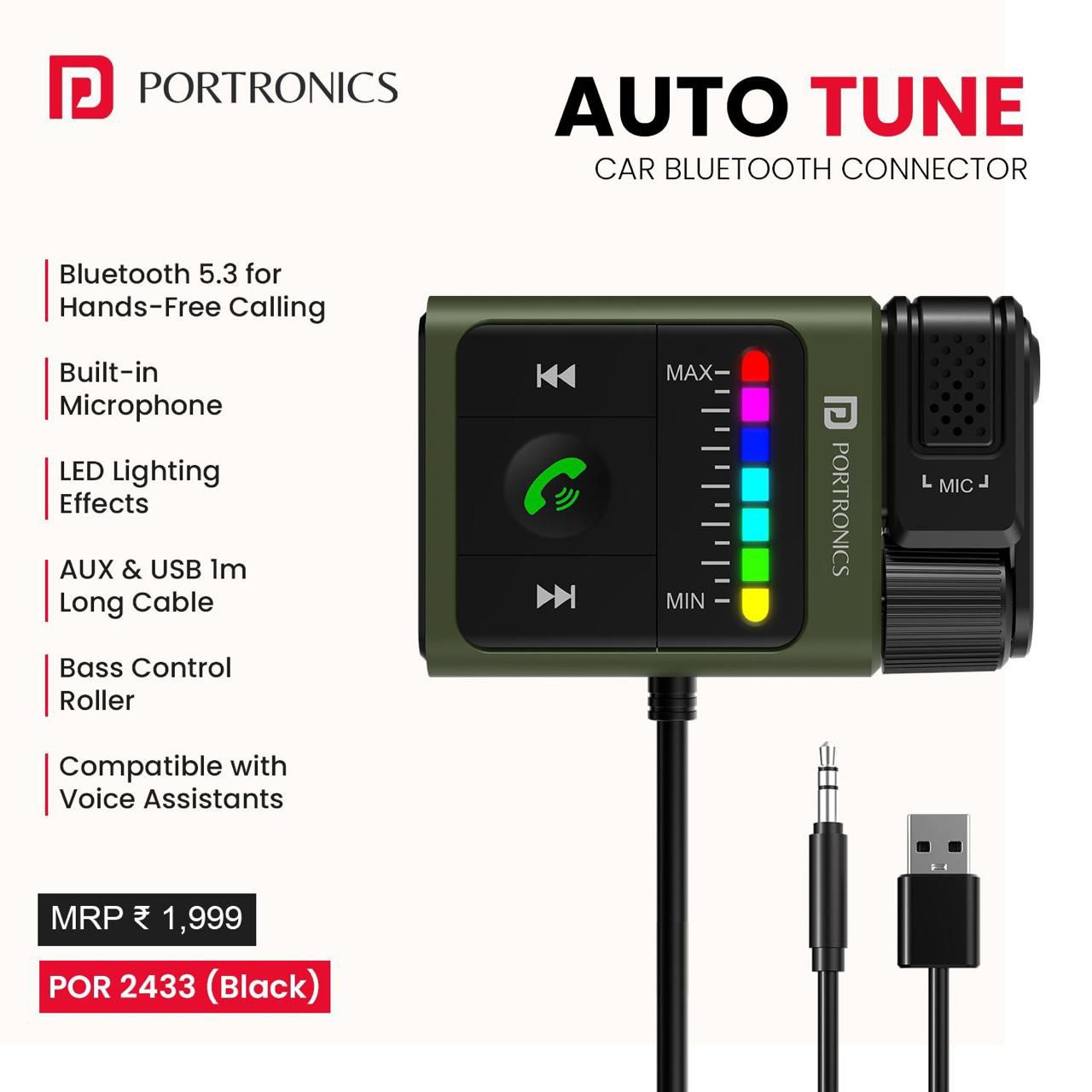 Portronics Auto Tune Car Bluetooth Receiver with Hands-Free Calling, Playing Music, Dynamic Lighting, 1m USB/AUX Cable, Bass Control Roller