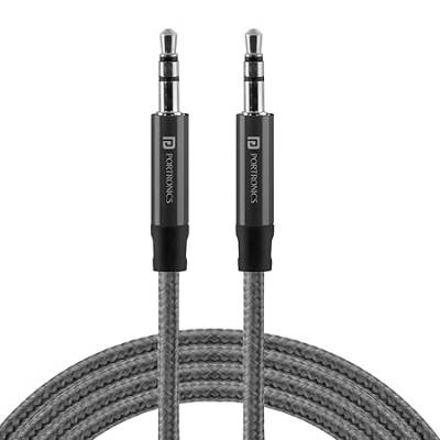 Portronics Aux 5 Stereo Audio Aux Cable 1.5m – 3.5mm Metal Connectors, Nylon Braided, Universal Compatibility (Grey)