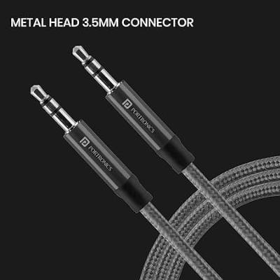 Portronics Aux 5 Stereo Audio Aux Cable 1.5m – 3.5mm Metal Connectors, Nylon Braided, Universal Compatibility (Grey)