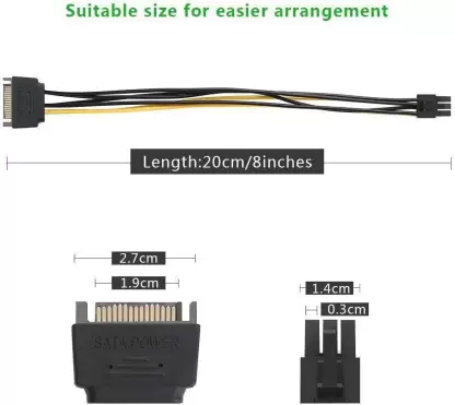 SATA Cable 15PIN to 6PIN for PCI Express Card(8-Inches),Compatible with GPU Card, Multicolor)