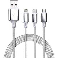 Champion 3 in 1, USB Data Cable 2.4Amp Braided for Micro USB ,Type-C, Lightning Port Devices 1.2M (Silver)