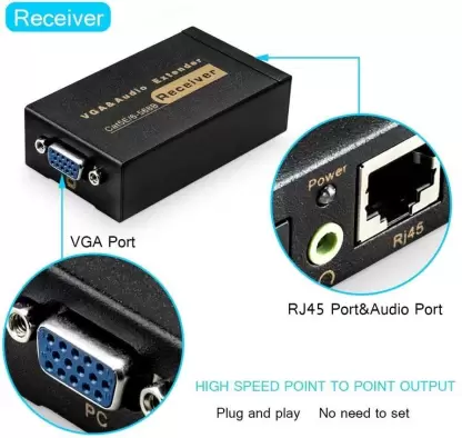 VGA Extender Repeater Adapter Over RJ45 Cat Cat6 Network Cable (1 Transmitter + 1 Receiver) Media Streaming Device (Black)