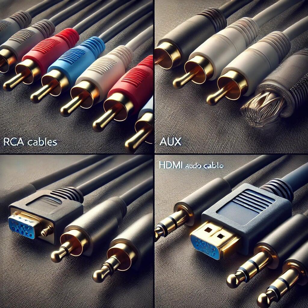 "Close-up view of various audio and video cables, including RCA cables with red, white, and yellow plugs, AUX (3.5mm) cable, VGA cable with a blue 15-pin connector, and HDMI audio cable with a modern metallic finish. The cables are neatly arranged on a soft neutral gradient background with subtle lighting."