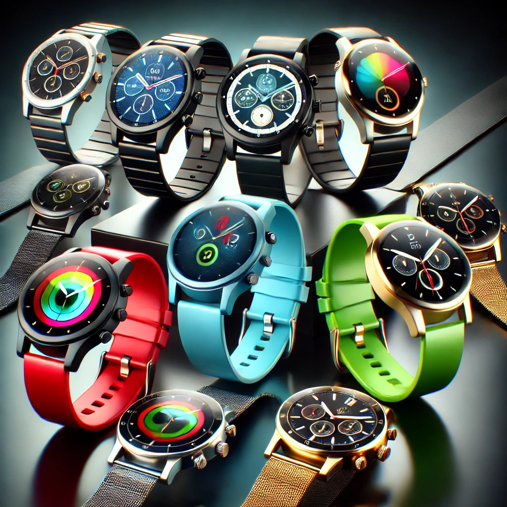 "Stylish smartwatch with a round touchscreen display, showing time, heart rate, and fitness tracking features."