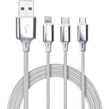 "White 3-in-1 charging cable with USB, Type-C, and Lightning connectors for versatile device compatibility."